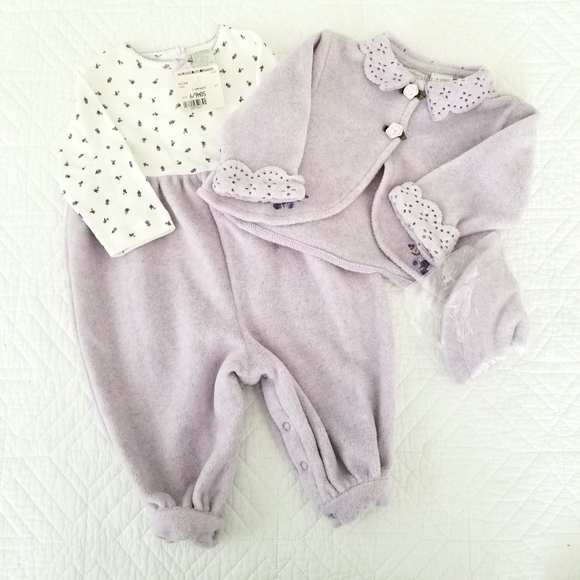 Vtg Lilac Rosebud Fleece Jacket Cap Outfit Infant Girl 6 9 Months SomeBunny NWT - Picture 1 of 6
